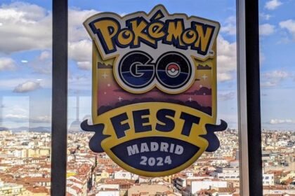 Emblema del evento Pokémon Go Fest y su celebración en Madrid con la ciudad de fondo
