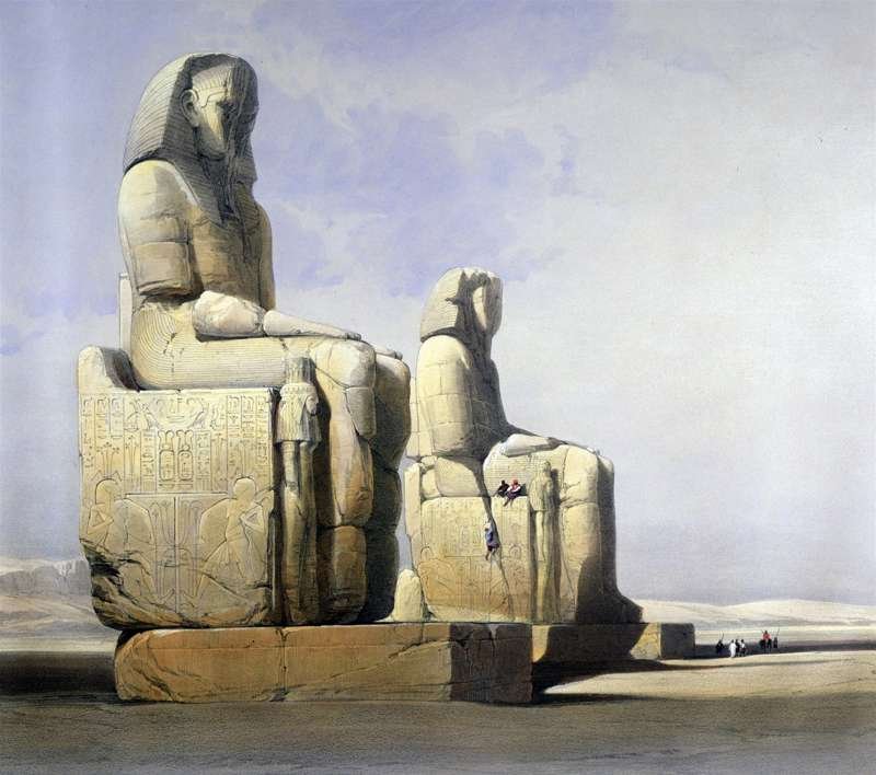 Perspectiva de los Colosos de Memnón, en la orilla occidental del Nilo, en Luxor. David Roberts.