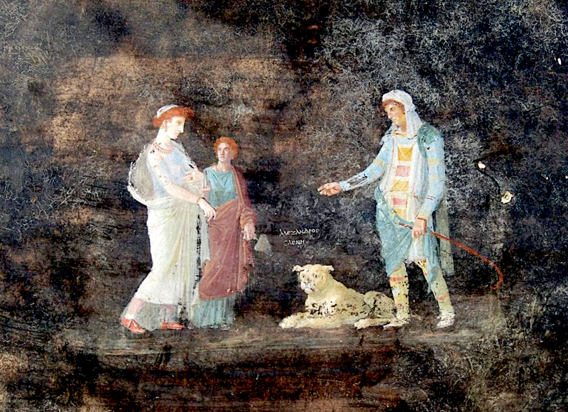 El fresco representa una imagen del príncipe troyano Paris (a la derecha) junto a la hermosa Helena (a la izquierda).
