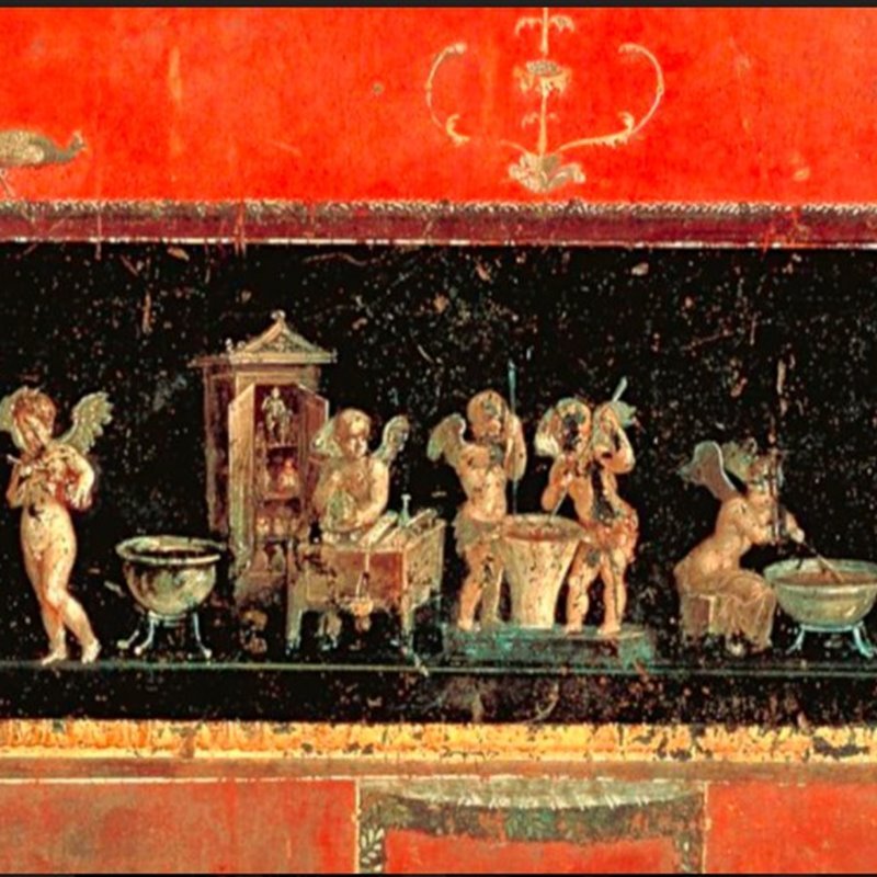 Frescos que muestran el proceso de producción de perfumes.