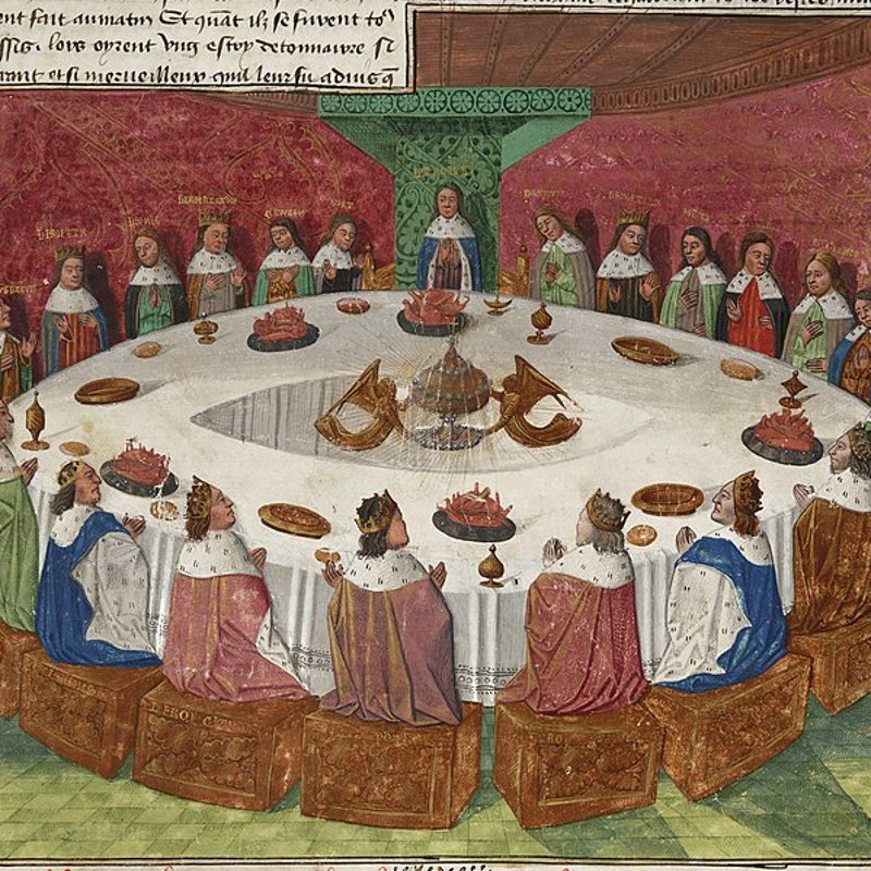 Los caballeros de la Mesa Redonda, ilustración anónima para el manuscrito Lanzarote Grial, escrito por Michel Gantelet en 1470.