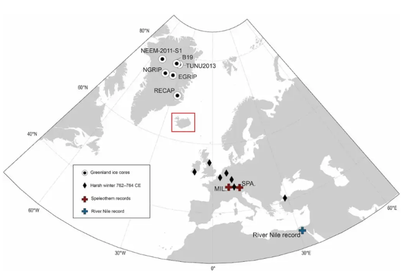 Recreación de las anomalías producidas por los volcanes islandeses en el continente europeo entre los años 762 y 764.