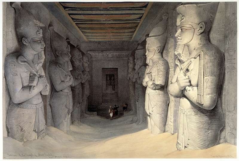 Vestíbulo de entrada del templo de Ramsés II en Abu Simbel, cubierto por la arena. David Roberts.