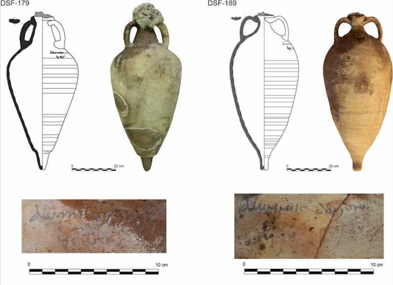 Ánforas documentadas en el pecio Ses Fontanelles: DSF-179 y DSF-189 (arriba) y el tituli picti con el que se grababan (abajo).