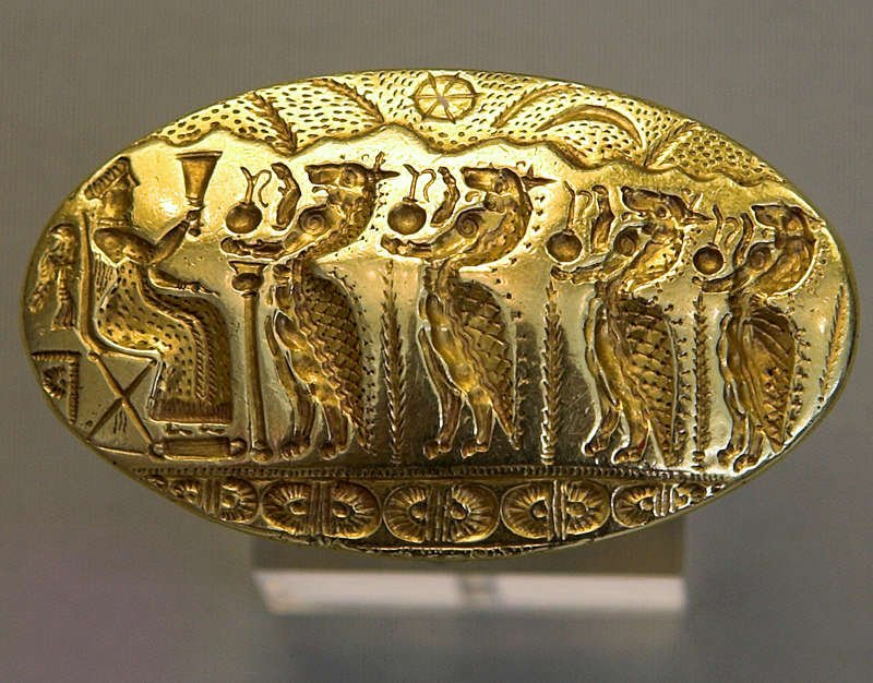 Gold ring with relief sitting goddess and genii Mycenaean, NAMA 6208