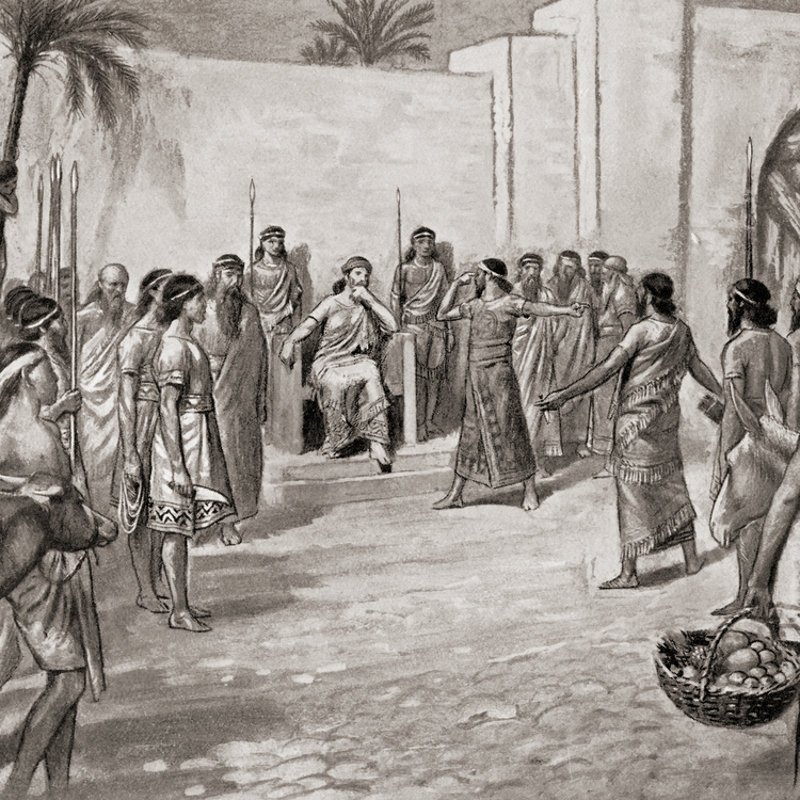 Grabado que recrea el juicio contra un médico presidido por el rey Hammurabi de Babilonia. 1915.