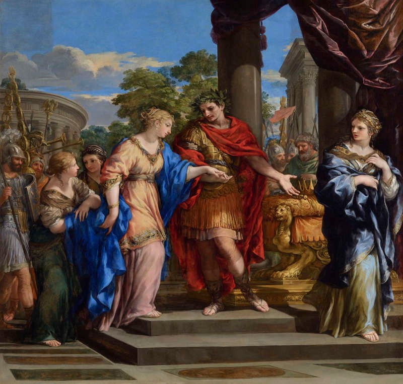 Julio César conduce a Cleopatra al trono de Egipto. Óleo por Pietro da Cortona. 1637. Museo de Bellas Artes, Lyon.