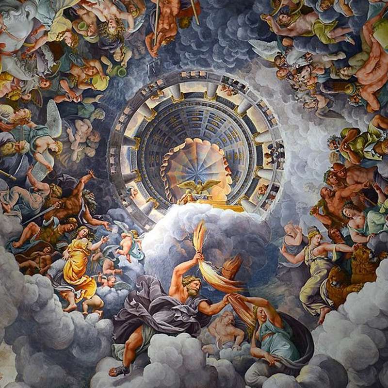 La caída de los Gigantes. Fresco del artista italiano Giulio Romano pintado entre los años 1532 y 1534. Palacio Té, Mantua.