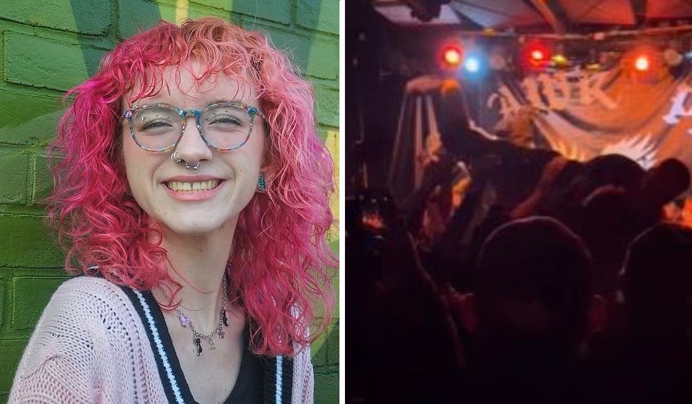 Combo de fotos de Bird Piché y del cantante de Trophy Eyes lanzándose al público.