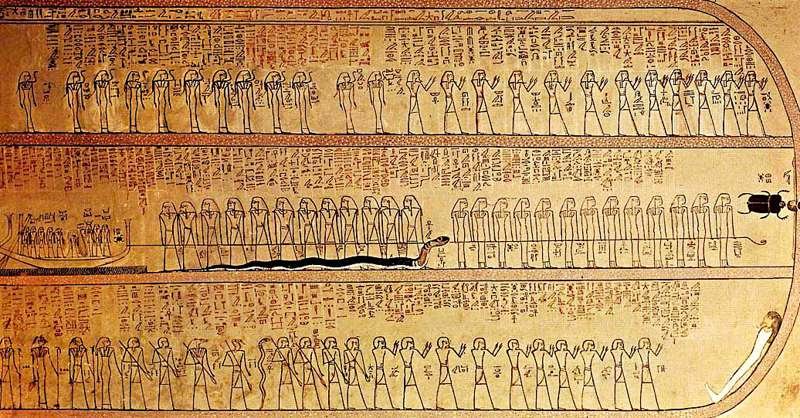 Escena del Libro de la Duat pintada en la cámara funeraria de la tumba de Tutmosis III en el Valle de los Reyes.