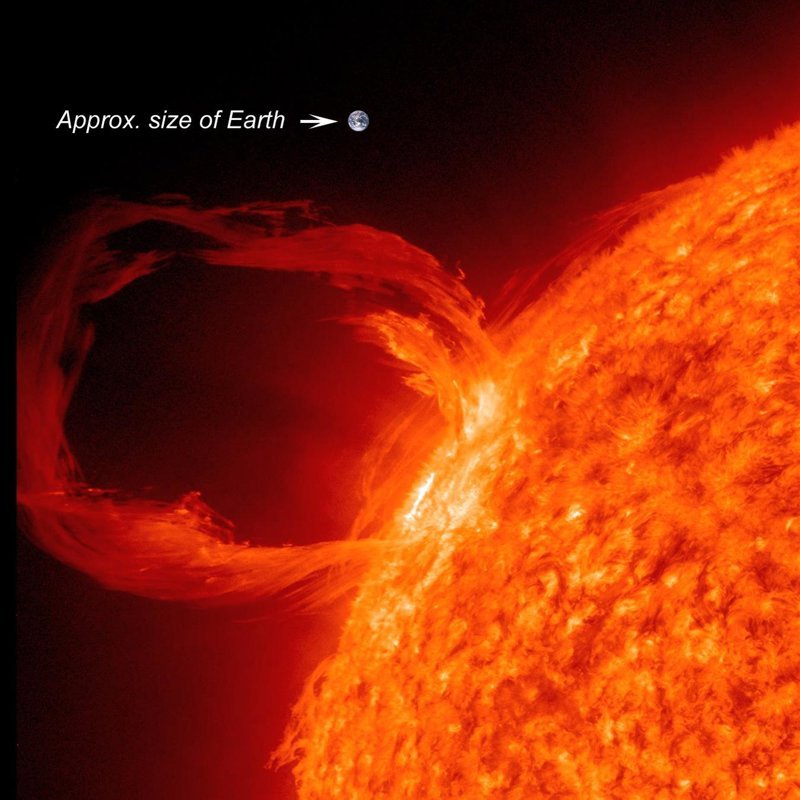 Una erupción solar vista en luz ultravioleta producida el 30 de marzo de 2010 con una imagen superpuesta de la Tierra para observar la magnitud de la erupción solar.