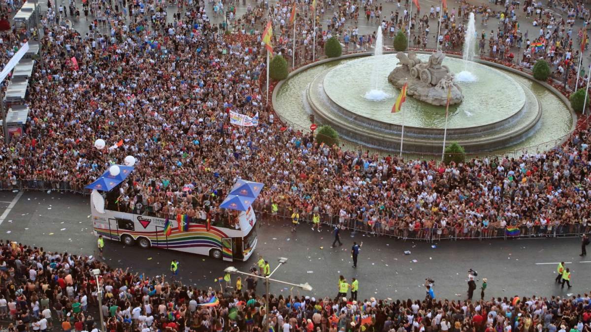 One of the floats in the Gay Pride parade passing through Cibeles Square in Madrid.