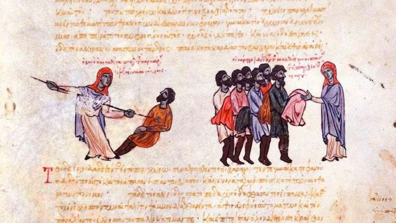 Detalle de una de las iluminaciones del Skylitzes Matritensis en el que una mujmera mata a un varego.