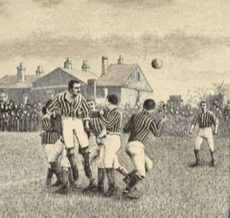 Detalle de una litografía en la que se representó una jugada del partido disputado en 1863 entre el Barnes Football Club y el Richmond Football Club. 