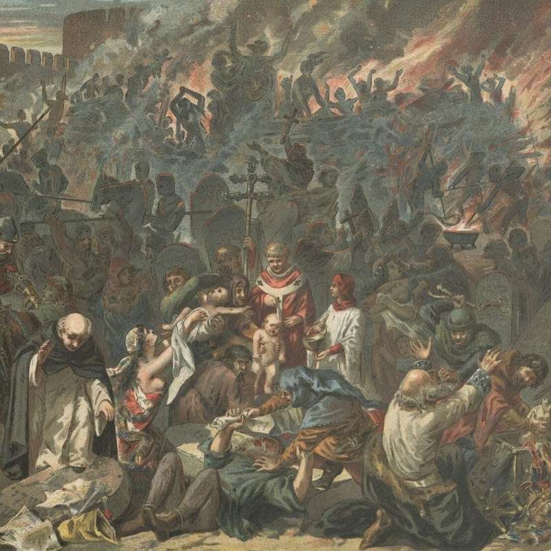 El pogromo de Estrasburgo, matanza de los judíos de esta ciudad que tuvo lugar en 1349. Ilustración de Émile Schweitzer, 1894.