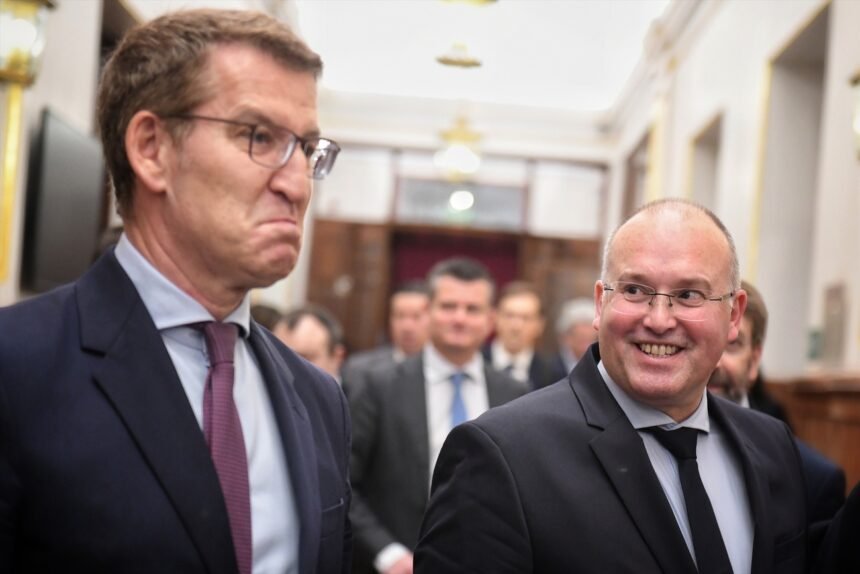 Alberto Núñez Feijóo, líder del PP, junto al portavoz parlamentario, Miguel Tellado.