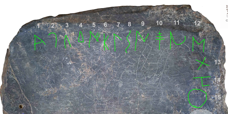 Fragmento de la placa de pizarra encontrada en el yacimiento de Casas del Turuñuelo en el que puede verse el abecederio inscrito en sus bordes.