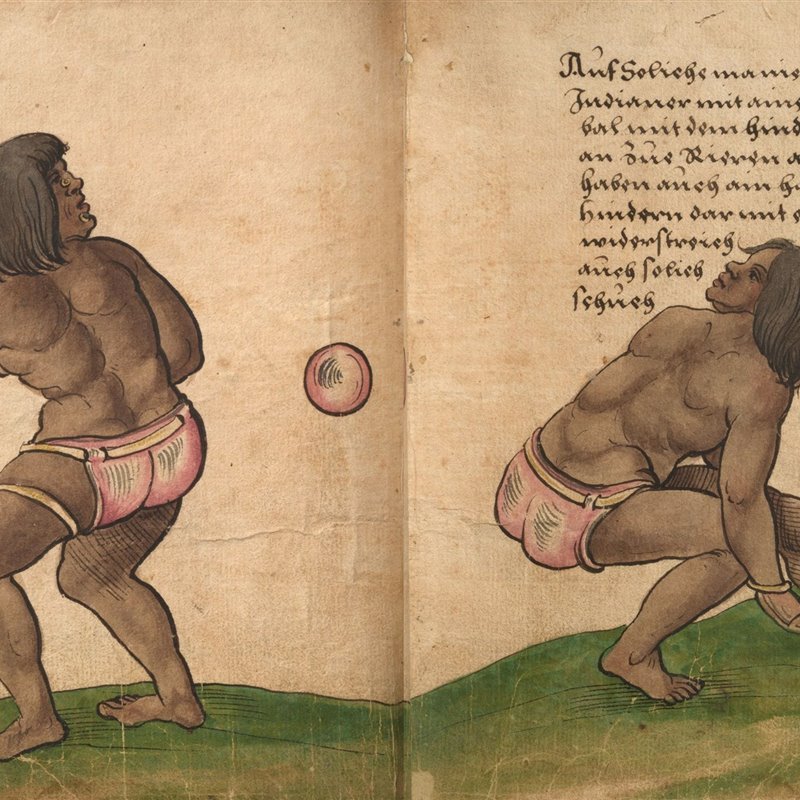 Jugadores del ullamaliztli azteca actuando para Carlos V en España, elaborado por Christoph Weiditz en 1528.