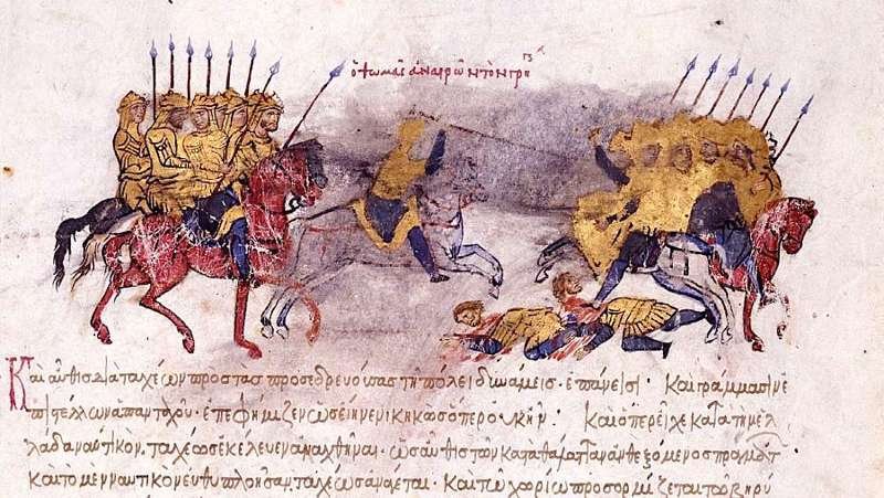 La caballería bizantina, liderada por León V el Armenio, persigue y derrota a los búlgaros. Escena del Skylitzes Matritensis.