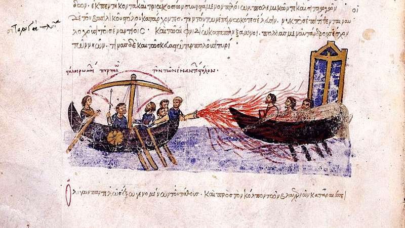 La flota bizantina incendia los barcos de Tomás el Rebelde en Constantinopla arrojando el célebre "fuego griego". Escena del Skylitzes Matritensis.
