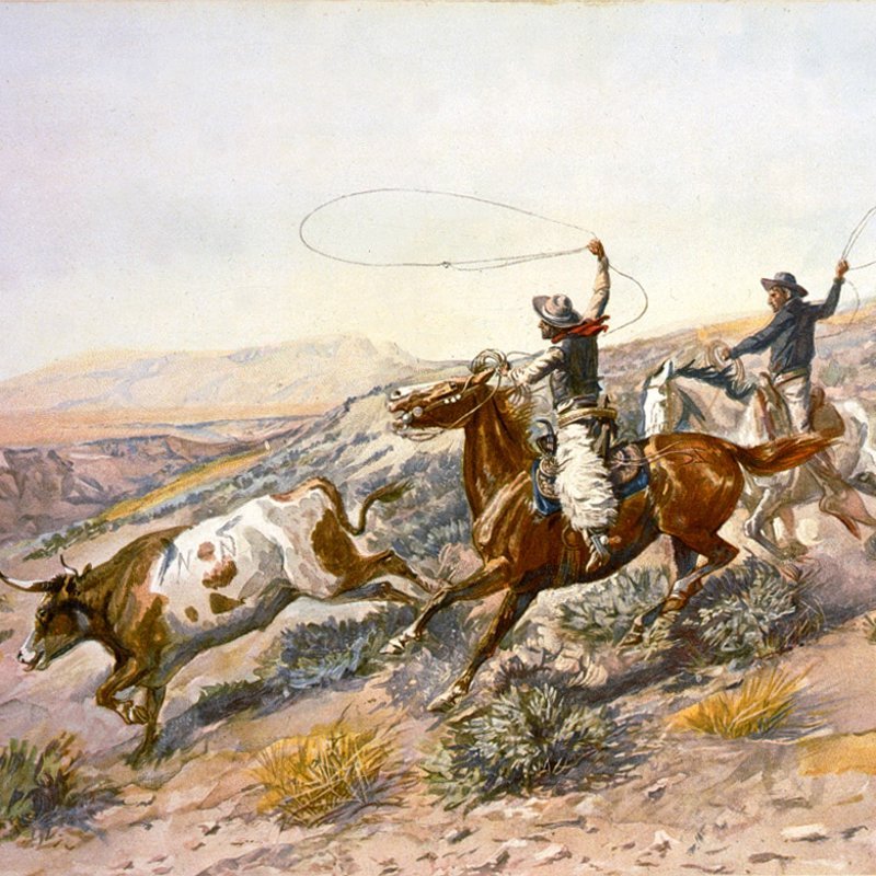 Litografía en color de 1902 que recrea la imagen típica de los vaqueros americanos.