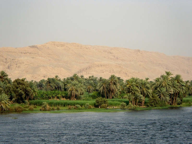 Paisaje nilótico a la altura de Luxor, en el Alto Egipto. Al fondo, el desierto.
