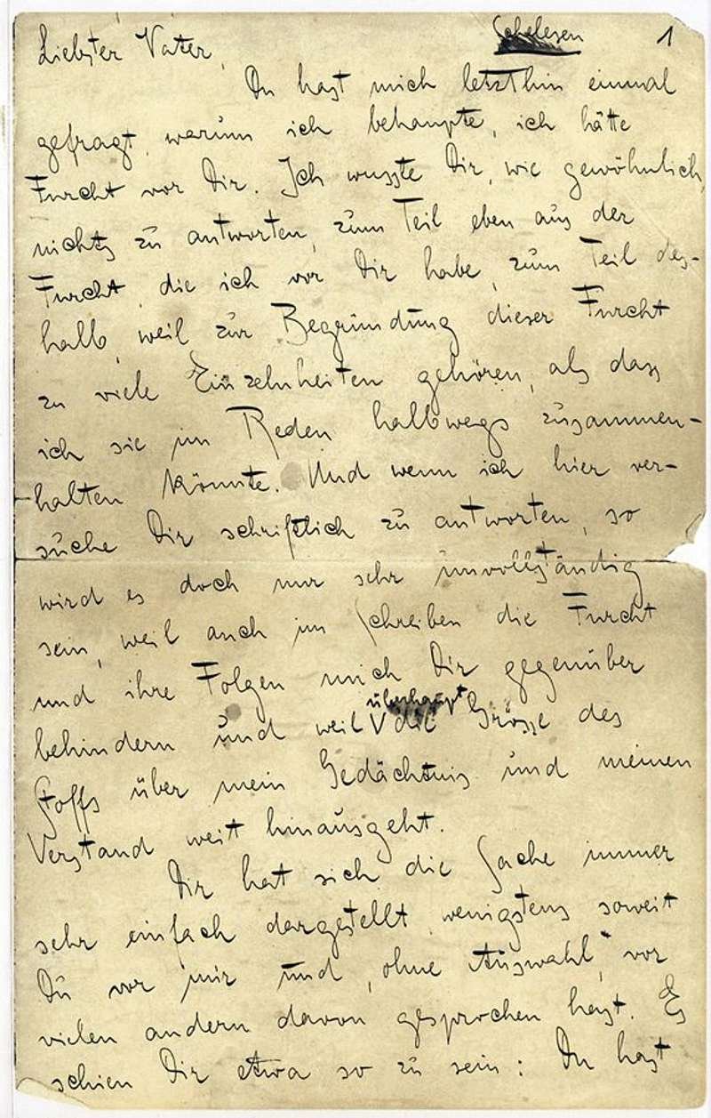 Primera página de la carta manuscrita de 103 páginas que Kafka escribió a su padre y que nunca llegó a serle entregada.