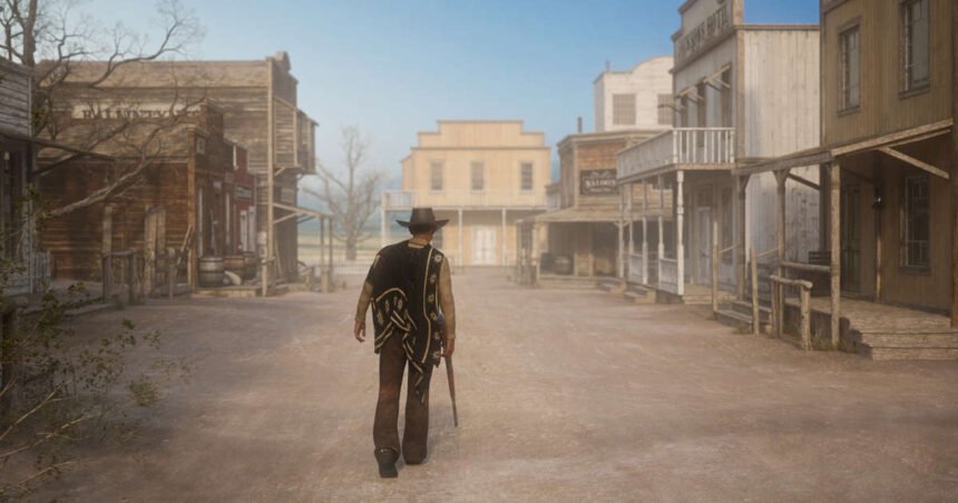 Litografía en color de 1902 que recrea la imagen típica de los vaqueros americanos.