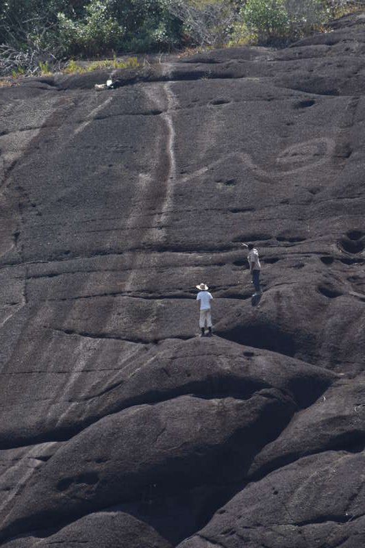  Telefoto de arte rupestre monumental de cola de serpiente en Colombia, humanos para escala
