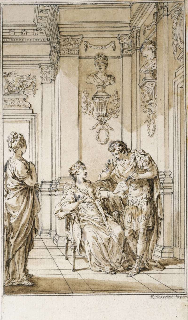 Una escena de la obra de Racine, Berenice, en la que se representa a la princesa judía junto a Tito. Grabado de Hubert Gravelot. Siglo XVIII. 
